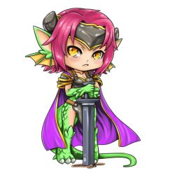 Rule 34 | 1girl, armor, breasts, cape, chibi, claws, cleavage, dragon girl, dragon tail, full body, granberia, horns, jing li, mon-musu quest!, monster girl, pauldrons, planted sword, planted, pointy ears, red hair, scales, shoulder armor, small breasts, solo, sword, tail, transparent background, weapon, white background, yellow eyes
