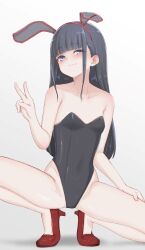 Rule 34 | 1girl, animal ears, bare legs, bare shoulders, black hair, black leotard, blunt bangs, blush, breasts, collarbone, covered navel, fake animal ears, full body, high heels, highres, legs, leotard, long hair, looking at viewer, mustee, original, playboy bunny, rabbit ears, shoes, simple background, small breasts, smile, solo, spread legs, squatting, tiptoes, v, white background