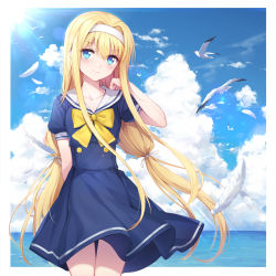 Rule 34 | 1girl, absurdres, alice zuberg, arm at side, bird, blonde hair, blue dress, blue eyes, blush, border, bow, cloud, collarbone, commentary request, cowboy shot, day, dress, feathers, hair intakes, hair ribbon, hairband, hand up, highres, legs together, long hair, looking at viewer, outdoors, puffy short sleeves, puffy sleeves, railing, ribbon, sailor collar, sailor dress, school uniform, seagull, serafuku, short sleeves, sky, smile, solo, sword art online, taro (ultrataro), uniform, very long hair, white border, white ribbon, white sailor collar, yellow neckwear