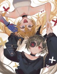 Rule 34 | 2girls, :3, :d, bangle, black choker, black nails, black sweater, blonde hair, blue eyes, bracelet, brown hair, camisole, choker, clear (djmax), closed mouth, djmax, djmax respect, eyepatch, fail (djmax), from above, hair spread out, highres, hyde (hai-do), jewelry, long hair, long sleeves, looking at another, lying, multiple girls, on back, open mouth, red eyes, simple background, smile, sweater, teeth, twitter username, upper body, upper teeth only, watermark, white background, white camisole