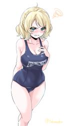 Rule 34 | 1girl, alternate costume, angry, arms behind back, blonde hair, blue eyes, blue one-piece swimsuit, blush, braid, breasts, cleavage, clenched teeth, collarbone, colorado (kancolle), covered navel, cowboy shot, hand on own chest, highres, kantai collection, large breasts, looking at viewer, name tag, old school swimsuit, one-piece swimsuit, school swimsuit, short hair, side braids, simple background, solo, standing, swimsuit, takomeshi, teeth, twitter username, white background