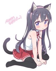 Rule 34 | 1girl, animal ear fluff, animal ears, bare arms, bare shoulders, between legs, black hair, black thighhighs, blush, cat ears, cat girl, cat tail, commentary, fake animal ears, full body, hair between eyes, hairband, hand between legs, jigatei (omijin), long hair, looking at viewer, neck ribbon, no shoes, parted lips, pink hairband, pleated skirt, purple eyes, red ribbon, red skirt, ribbon, shirosaki hana, shirt, simple background, sitting, skirt, sleeveless, sleeveless shirt, solo, symbol-only commentary, tail, thighhighs, translation request, very long hair, wariza, watashi ni tenshi ga maiorita!, white background, white shirt