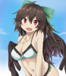 Rule 34 | 1girl, :d, bare arms, bare shoulders, bikini, bikini day, black wings, blue sky, breasts, brown hair, cleavage, cloud, collarbone, commentary request, day, feathered wings, frilled bikini, frills, green bikini, groin, hair between eyes, head tilt, highres, large breasts, long hair, looking at viewer, navel, open mouth, outdoors, red eyes, reiuji utsuho, sky, smile, solo, stomach, strap gap, swimsuit, touhou, tyouseki, upper body, v arms, wings