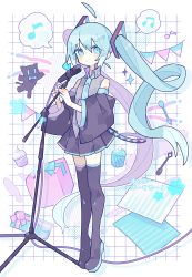Rule 34 | 1girl, :/, beamed eighth notes, black footwear, black skirt, black sleeves, blue eyes, blue hair, blue necktie, body writing, boots, box, cat, closed mouth, collared shirt, commentary request, cupcake, detached sleeves, eighth note, food, fork, full body, grey shirt, hatsune miku, hatsushiro mamimu, highres, long hair, looking at viewer, microphone, microphone stand, miniskirt, musical note, necktie, pleated skirt, shirt, skirt, solo, spoon, thigh boots, twintails, very long hair, vocaloid, wing collar