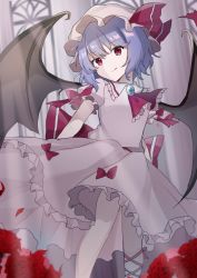 Rule 34 | 1girl, :q, ascot, bat wings, bow, brooch, closed mouth, commentary, doko ka no hosono, dress, dress bow, feet out of frame, flower, frilled shirt collar, frilled sleeves, frills, hair between eyes, hat, hat ribbon, highres, jewelry, leg ribbon, light purple hair, looking at viewer, mob cap, pink dress, puffy short sleeves, puffy sleeves, red bow, red eyes, red flower, red ribbon, remilia scarlet, ribbon, shiny skin, short hair, short sleeves, sleeve bow, solo, tongue, tongue out, touhou, wings