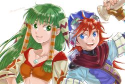 Rule 34 | 1boy, 1girl, closed mouth, collarbone, feena (grandia), fingerless gloves, gloves, grandia, grandia i, green eyes, green hair, hair ornament, hair tubes, hat, highres, jewelry, justin (grandia), long hair, looking at viewer, midriff, necklace, open mouth, simple background, smile, white background