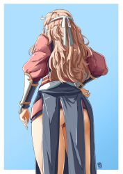 Rule 34 | 1girl, arm guards, ass, automatic giraffe, blue background, border, brown hair, commentary, fire emblem, fire emblem fates, from behind, gradient background, hairband, hana (fire emblem), hand on own hip, highres, long hair, nintendo, outside border, simple background, solo, white border, white hairband