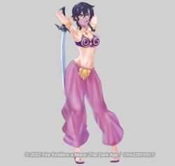 Rule 34 | 1girl, alternate costume, armpits, arms behind back, black hair, breasts, cleavage, crazzeffect, fire emblem, fire emblem: genealogy of the holy war, fire emblem heroes, grin, highres, holding, holding sword, holding weapon, larcei (fire emblem), nintendo, purple eyes, sandals, short hair, simple background, smile, sword, tomboy, veil, weapon