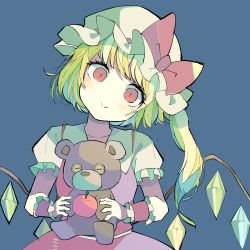 Rule 34 | 1girl, :&gt;, apple, baron (x5qgeh), blonde hair, blue background, blush, bow, closed mouth, commentary, cowboy shot, crystal, flandre scarlet, food, frilled sleeves, frills, fruit, hat, hat bow, hat ribbon, head tilt, highres, holding, holding stuffed toy, looking at viewer, mob cap, one side up, puffy short sleeves, puffy sleeves, red bow, red eyes, red ribbon, red skirt, red vest, ribbon, shirt, short hair, short sleeves, sidelocks, simple background, skirt, smile, solo, stuffed animal, stuffed toy, teddy bear, touhou, vest, white shirt, wings, wrist cuffs