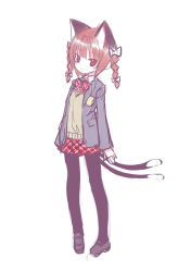 Rule 34 | 1girl, alternate costume, animal ears, bad id, bad pixiv id, black pantyhose, blazer, blunt bangs, bow, braid, cat ears, cat girl, cat tail, child, dress shirt, extra ears, female focus, grin, hair ribbon, jacket, kaenbyou rin, kiira, loafers, multiple tails, pantyhose, pigeon-toed, plaid, plaid skirt, pleated skirt, pocket, red eyes, red hair, ribbon, school uniform, shirt, shoes, short hair, skirt, smile, solo, standing, sweater, tail, touhou, twin braids, twintails, uniform