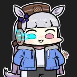 Rule 34 | 1girl, :d, animal ears, black background, black shorts, blue jacket, bow, brown headwear, cosplay, glowing, glowing eye, gold ship (umamusume), grin, hair bow, hands in pockets, horse ears, horse girl, horse tail, jacket, jazz jack, looking at viewer, lowres, open clothes, open jacket, open mouth, purple eyes, purple hair, sans (cosplay), sans (undertale), shirt, shorts, signature, smile, solo, tail, teeth, umamusume, undertale, white shirt