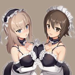 Rule 34 | 10s, 2girls, :d, absurdres, akamoku, alternate costume, apron, bad id, bad pixiv id, bare shoulders, blue eyes, blush, breasts, brown eyes, brown hair, cleavage, detached collar, elbow gloves, enmaided, frills, girls und panzer, gloves, hair between eyes, highres, holding hands, interlocked fingers, itsumi erika, large breasts, light brown hair, long hair, looking at viewer, maid, maid headdress, multiple girls, nishizumi maho, open mouth, ribbon, short hair, smile, upper body, waist apron, white gloves