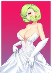 Rule 34 | 1girl, absurdres, bare shoulders, blush, bob cut, border, breasts, cleavage, closed mouth, collarbone, cowboy shot, creatures (company), dress, earrings, elbow gloves, female focus, game freak, gardevoir, gen 3 pokemon, gloves, gradient background, green hair, haembokeyo, happy, highres, humanization, jewelry, large breasts, looking at viewer, mega gardevoir, mega pokemon, navel, nintendo, outside border, pointy ears, pokemon, purple eyes, red background, see-through, short hair, simple background, smile, solo, standing, strapless, strapless dress, white border, white dress, white gloves