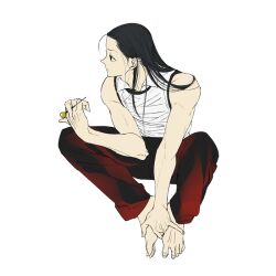 Rule 34 | 1boy, bare shoulders, barefoot, black hair, brown pants, closed mouth, expressionless, full body, hand on own foot, hand on own knee, holding, holding weapon, hunter x hunter, illumi zoldyck, leaning forward, long hair, looking to the side, male focus, mojisan (ebimo), pants, shirt, simple background, sitting, solo, vest, weapon, white shirt, white vest