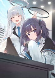 Rule 34 | 2girls, absurdres, blue archive, blue necktie, blush, building, closed eyes, closed mouth, collared shirt, facing viewer, fingernails, formal, gnns, grey hair, halo, highres, indoors, jacket, long hair, long sleeves, looking at viewer, mechanical halo, multiple girls, necktie, noa (blue archive), open mouth, purple eyes, purple hair, shirt, smile, suit, two-sided fabric, two-sided jacket, two side up, v, white jacket, white shirt, yuuka (blue archive)