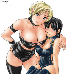Rule 34 | 2girls, arm around shoulder, armlet, black hair, black legwear, bra, breasts, champ+, character request, choker, cleavage, collar, dominatrix, earrings, fingerless gloves, gloves, hand on head, jewelry, king (snk), large breasts, long hair, multiple girls, ryuuko no ken, single glove, single thighhigh, snk, strapless, strapless bra, stud earrings, the king of fighters, thighhighs, underwear