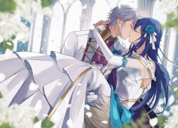 Rule 34 | 1boy, 1girl, absurdres, arms around neck, bare shoulders, blue hair, bride, carrying, closed eyes, commission, couple, detached sleeves, dress, fire emblem, fire emblem awakening, fire emblem heroes, flower, formal, gloves, groom, hair flower, hair ornament, highres, iro saki, kiss, long hair, lucina (fire emblem), nintendo, princess carry, robin (fire emblem), robin (male) (fire emblem), robin (male) (groom) (fire emblem), short hair, strapless, strapless dress, suit, wedding, wedding dress, white dress, white gloves, white hair, white suit