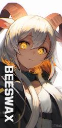 Rule 34 | 1girl, animal ears, arknights, beeswax (arknights), black jacket, blouse, character name, closed mouth, collar, colored inner hair, dark-skinned female, dark skin, expressionless, goat ears, goat horns, hair between eyes, highres, horns, infection monitor (arknights), jacket, long hair, looking at viewer, multicolored hair, open clothes, open jacket, shirt, silver hair, simple background, solo, soyoong jun, upper body, white background, white shirt, yellow eyes