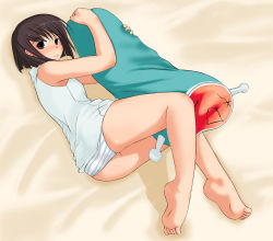 Rule 34 | 1girl, ass, bare shoulders, barefoot, bed sheet, breasts, brown eyes, brown hair, closed mouth, dakimakura (object), feet, female focus, from above, full body, hug, hugging object, itou ryuusei, legs, legs together, light smile, looking at viewer, looking back, lying, on bed, on side, panties, pillow, pillow hug, sanbi, shiny skin, short hair, sleeveless, small breasts, smile, soles, solo, striped clothes, striped panties, taiko no tatsujin, toes, turtleneck, underwear
