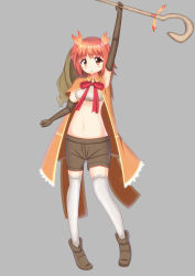 Rule 34 | 1girl, absurdres, akino kaede, brown gloves, brown shorts, capelet, elbow gloves, gloves, hat, highres, magia record: mahou shoujo madoka magica gaiden, magical girl, mahou shoujo madoka magica, navel, open mouth, orange eyes, red hair, shorts, solo, staff, thighhighs, weapon, white background, white thighhighs, witch hat