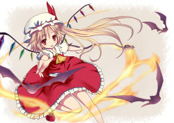 Rule 34 | 1girl, :&gt;, ascot, bat (animal), blonde hair, blush, female focus, fire, flandre scarlet, flying, foreshortening, frills, grey background, hat, hat ribbon, highres, holding, laevatein, leg up, light trail, looking at viewer, monmonga, no nose, open hand, open mouth, outstretched arm, red eyes, ribbon, shirt, short hair, short sleeves, side ponytail, simple background, skirt, smile, solo, touhou, vest, wings