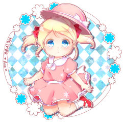 Rule 34 | 1girl, ana (mother), blonde hair, blue eyes, blush, bow, child, dress, hat, highres, mary janes, mother (game), mother 1, nintendo, pink dress, pink hat, red bow, red footwear, ribbon, shoes, short hair, short twintails, twintails, yamamori uniko