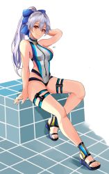 Rule 34 | 1girl, absurdres, arm up, blue bow, blue one-piece swimsuit, blush, bow, breasts, closed mouth, competition swimsuit, fate/grand order, fate (series), hair between eyes, hair bow, highleg, highleg swimsuit, highres, large breasts, legs, long hair, looking at viewer, one-piece swimsuit, ponytail, red eyes, sandals, silver hair, smile, swimsuit, thigh strap, thighs, tomoe gozen (fate), tomoe gozen (swimsuit saber) (fate), tomoe gozen (swimsuit saber) (first ascension) (fate), two-tone swimsuit, white one-piece swimsuit, yato (yama0x1)