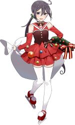 Rule 34 | 1girl, akebono (kancolle), christmas, dress, drew (drew213g), full body, kantai collection, long hair, looking at viewer, official art, open mouth, red dress, red skirt, sack, side ponytail, skate, skirt, solo, thighhighs, transparent background, very long hair