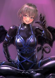 Rule 34 | 1girl, blush, bodysuit, breasts, choker, claw pose, claws, demon tail, demon wings, gimp suit, grey hair, harness, highres, indian style, kilye kairi, latex, latex bodysuit, light blush, lipstick, lock, looking at viewer, makeup, medium breasts, original, shiny clothes, short hair, sitting, skin tight, smile, solo, tail, teeth, wings