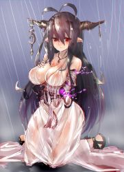 Rule 34 | 10s, 1girl, absurdres, antenna hair, bad id, bad pixiv id, bandages, bandaged arm, bandages, black hair, breasts, chromatic aberration, cleavage, danua, deluxe&lt;&lt;&lt;, draph, dress, female focus, granblue fantasy, highres, horn ornament, horns, jewelry, kneeling, large breasts, long hair, necklace, nipples, pointy ears, rain, red eyes, see-through, solo, wet, wet clothes, wet dress, white dress