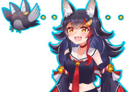 Rule 34 | 1girl, :d, animal ears, bad id, bad pixiv id, bell, bird, black hair, choker, collarbone, commentary request, detached sleeves, hair between eyes, hair ornament, hairclip, highres, hololive, kuroten, long hair, looking at viewer, midriff, miochun, multicolored hair, navel, ookami mio, ookami mio (1st costume), open mouth, rope, school uniform, serafuku, shimenawa, sidelocks, simple background, smile, solo, streaked hair, tail, two-tone hair, virtual youtuber, white background, wide sleeves, wolf ears, wolf girl, wolf tail, yellow eyes
