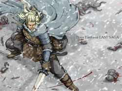 1boy armor beard belt blood boots braid cape copyright_name corpse dual_wielding facial_hair fighting_stance grey_cape helmet holding holding_sword holding_weapon je-st long_hair male_focus mouth_hold outdoors pixiv_fantasia pixiv_fantasia_last_saga slashing smoking snowing solo sword weapon yeori_(pixiv_fantasia_last_saga)