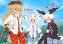 Rule 34 | 3boys, animal ears, arms up, bald eagle (kemono friends), bird boy, bird tail, bird wings, black jacket, black pants, blonde hair, blue eyes, blue shorts, commentary request, crossed legs, fang, fur collar, genderswap, genderswap (ftm), grey hair, hair between eyes, head wings, jacket, kemono friends, lion (kemono friends), lion boy, lion ears, lion tail, long hair, long sleeves, looking at viewer, matching outfits, multicolored hair, multiple boys, open mouth, own hands clasped, own hands together, pants, plaid, plaid pants, plaid shorts, plaid trim, ponytail, red pants, shirt, short hair, short sleeves, shorts, sitting, tail, uniform, utsuro atomo, white fur, white hair, white lion (kemono friends), white shirt, wings, yellow eyes