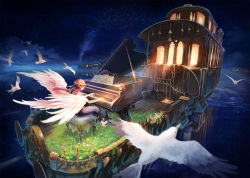 Rule 34 | 1girl, angel wings, bird, blush, caboose, closed eyes, dove, facing away, fantasy, graphite (medium), highres, instrument, inzanaki, long hair, music, open mouth, original, piano, piano bench, pink hair, playing instrument, playing piano, ponytail, railroad tracks, scenery, sitting, sky, smile, solo, traditional media, train, wings