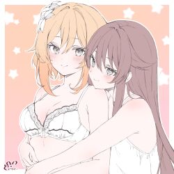 2girls bare_shoulders blonde_hair blush bow bow_bra bra breasts brown_hair cleavage commentary dodosako dress flower flower-shaped_pupils genshin_impact hair_between_eyes hair_flower hair_ornament highres hu_tao_(genshin_impact) hug hug_from_behind lace lace_bra long_hair looking_at_another looking_to_the_side lumine_(genshin_impact) medium_breasts multiple_girls short_hair_with_long_locks smile symbol-shaped_pupils underwear upper_body white_bra white_dress white_flower yuri