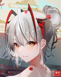 Rule 34 | 1girl, ahoge, antennae, arknights, brown eyes, chinese commentary, commentary request, hair between eyes, highres, horns, looking at viewer, omone hokoma agm, parted lips, portrait, short hair, silver hair, smile, solo, w (arknights)