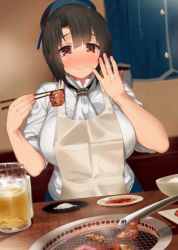 Rule 34 | 1girl, ascot, beer mug, black hair, blue hat, blue jacket, blue skirt, blush, bowl, breasts, chopsticks, collared shirt, cup, eating, food, food on face, hat, highres, jacket, kantai collection, kusaka souji, large breasts, looking at viewer, mug, nose blush, partially undressed, plate, red eyes, rice, shirt, short hair, sitting, skirt, sleeves rolled up, smile, solo, takao (kancolle), upper body, white shirt