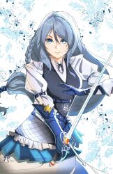 Rule 34 | 1girl, blue eyes, blue vest, braid, fighting stance, final fantasy, final fantasy xvi, gloves, grey hair, ice, ice shard, jill warrick, long braid, long hair, looking at viewer, low-tied long hair, nyuusai, puffy sleeves, rapier, side braid, smile, snowflakes, solo, square enix, standing, sword, upper body, vest, weapon, white background