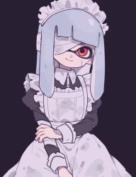 Rule 34 | 1girl, apron, bad id, bad twitter id, bandage over one eye, bandages, blunt bangs, commentary request, dark background, gomi (kaiwaresan44), grey background, halloween, halloween costume, inkling, inkling girl, inkling player character, long hair, looking at viewer, maid, maid apron, maid headdress, nintendo, red eyes, scar, silver hair, simple background, smile, splatoon (series), tentacle hair, torn clothes
