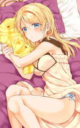 Rule 34 | 1girl, aqua eyes, ayase eli, blonde hair, blue bow, blue panties, blush, bow, bow panties, breasts, closed mouth, highres, large breasts, long hair, looking at viewer, love live!, love live! school idol project, lying, mogu (au1127), hugging object, on side, panties, pillow, pillow hug, pout, solo, underwear