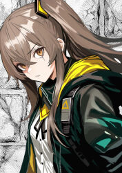 Rule 34 | 1girl, black jacket, brown eyes, brown hair, girls&#039; frontline, hair between eyes, highres, jacket, long hair, looking at viewer, neckerchief, open clothes, open jacket, scar, scar across eye, shirt, side ponytail, sidelocks, solo, ump45 (girls&#039; frontline), upper body, user tcnp5525, white shirt, yellow neckerchief