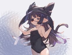 Rule 34 | 1girl, animal ear fluff, bare arms, bare shoulders, black hair, black headwear, black one-piece swimsuit, breasts, closed mouth, collarbone, commentary request, covered navel, ears through headwear, eyepatch, granblue fantasy, grey background, kemonomimi mode, long hair, lunalu (granblue fantasy), one-piece swimsuit, pointy ears, purple eyes, simple background, small breasts, solo, swimsuit, tail, tota (sizukurubiks), very long hair, wavy mouth