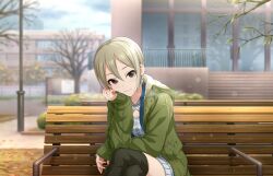 Rule 34 | 1girl, bench, boots, crossed legs, earrings, grey hair, idolmaster, idolmaster cinderella girls, jewelry, official art, shiomi syuko, solo, stairs, thigh boots, tree