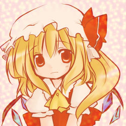 Rule 34 | 1girl, blonde hair, female focus, flandre scarlet, futami yayoi, hat, mob cap, portrait, red eyes, sad, side ponytail, solo, tears, touhou, upper body, v arms, wings