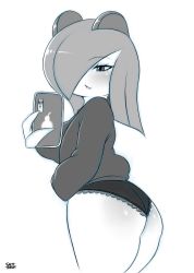 Rule 34 | 1girl, ass, black panties, blush, creatures (company), game freak, gen 3 pokemon, greyscale, highres, holding, holding phone, hood, hoodie, huge ass, kirlia, lace, long hair, long sleeves, monochrome, nintendo, no pants, panties, phone, pokemon, pokemon (creature), saltyxodium, solo, thick thighs, thighs, underwear, white background