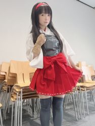 Rule 34 | 1girl, black hair, chair, cosplay, highres, kantai collection, nomizu iori, photo (medium), red skirt, shoukaku (kancolle), shoukaku (kancolle) (cosplay), skirt