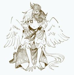Rule 34 | . ., 1girl, :o, animal, animal on head, arm support, bird, bird on head, bird wings, blush, chick, dress, feathered wings, full body, hair ornament, hatching (texture), itomugi-kun, blue background, linear hatching, looking at viewer, monochrome, niwatari kutaka, on head, parted lips, puffy short sleeves, puffy sleeves, sepia, short dress, short hair, short sleeves, simple background, sitting, solo, tareme, touhou, wariza, wavy hair, wings
