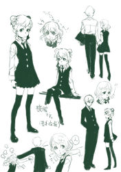 Rule 34 | 1boy, 1girl, collared shirt, frown, green theme, hand on another&#039;s head, height difference, holding hands, jacket, miniskirt, monochrome, multiple views, original, profile, school uniform, serafuku, shirt, simple background, sitting, skirt, standing, swept bangs, thighhighs, unworn jacket, v-shaped eyebrows, weno, weno&#039;s blonde original character, white background