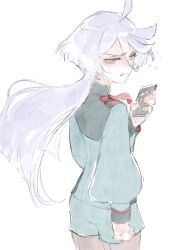 Rule 34 | 1girl, absurdres, ahoge, asticassia school uniform, commentary request, crying, crying with eyes open, green jacket, green shorts, grey eyes, gundam, gundam suisei no majo, highres, holding, holding phone, jacket, long hair, long sleeves, miorine rembran, phone, school uniform, shorts, simple background, solo, tears, white background, white hair, yaco (085)