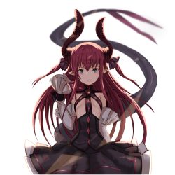 Rule 34 | 10s, 1girl, absurdres, asymmetrical horns, black skirt, blue eyes, blurry, breasts, claws, corset, depth of field, dragon horns, dragon tail, elizabeth bathory (fate), elizabeth bathory (fate/extra ccc), elizabeth bathory (first ascension) (fate), fate/extra, fate/extra ccc, fate (series), highres, horns, long hair, looking at viewer, pointy ears, simple background, skirt, small breasts, smile, solo, tail, uneven horns, white background, yatsuka (846)